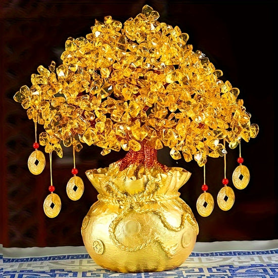 Elegant Golden Resin Wealth Tree With Natural Crystal Leaves  Attracts Prosperity  Fortune Feng ShuiInspired Home Decor Unique Business Gift Auspicious Wealth Symbol Ideal For Reptile Habitat Tree Crystal Leaf Design Wealth Tree