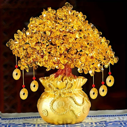 Elegant Golden Resin Wealth Tree With Natural Crystal Leaves  Attracts Prosperity  Fortune Feng ShuiInspired Home Decor Unique Business Gift Auspicious Wealth Symbol Ideal For Reptile Habitat Tree Crystal Leaf Design Wealth Tree