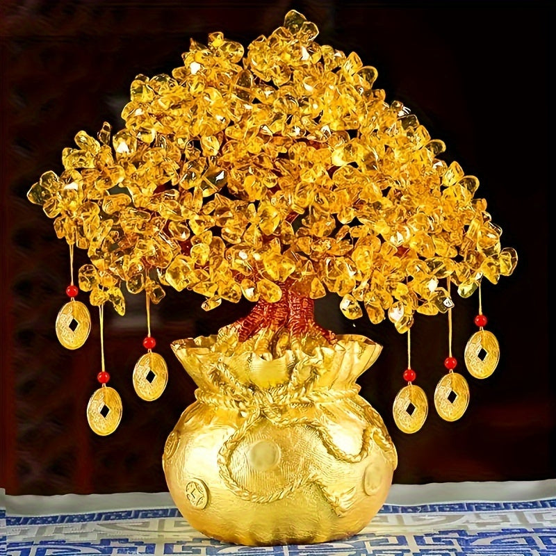 Elegant Golden Resin Wealth Tree With Natural Crystal Leaves  Attracts Prosperity  Fortune Feng ShuiInspired Home Decor Unique Business Gift Auspicious Wealth Symbol Ideal For Reptile Habitat Tree Crystal Leaf Design Wealth Tree