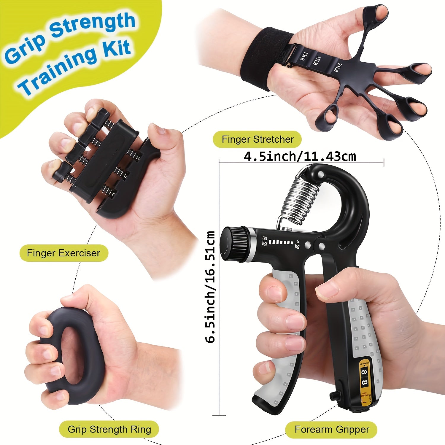 Set of 6 Grip Strength Training Tools Including Finger Exerciser Hand Strengthener Hand Extension Tool And Large Forearm Workout Ring for Muscle Development