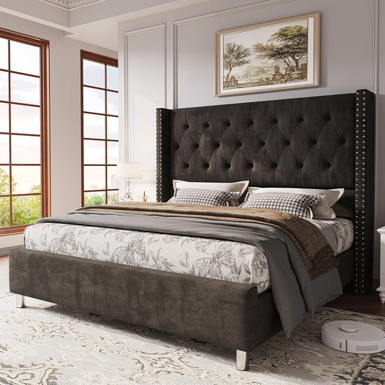 ALBOTT Upholstered Platform Bed Frame with 50 Inch Velvet Wingback Headboard Button Tufted and Nailhead Trim No Box Spring Needed Easy Assembly