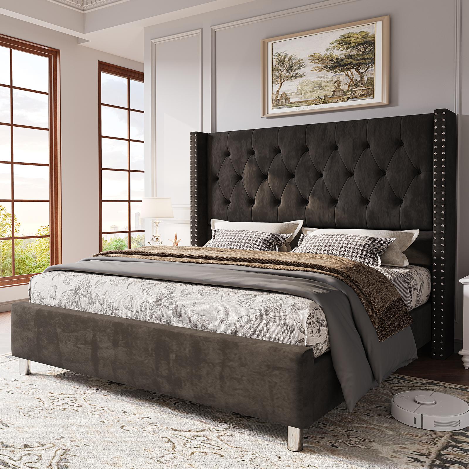 ALBOTT Upholstered Platform Bed Frame with 50 Inch Velvet Wingback Headboard Button Tufted and Nailhead Trim No Box Spring Needed Easy Assembly