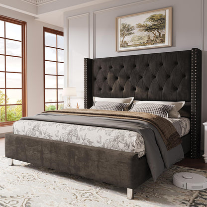 ALBOTT Upholstered Platform Bed Frame with 50 Inch Velvet Wingback Headboard Button Tufted and Nailhead Trim No Box Spring Needed Easy Assembly