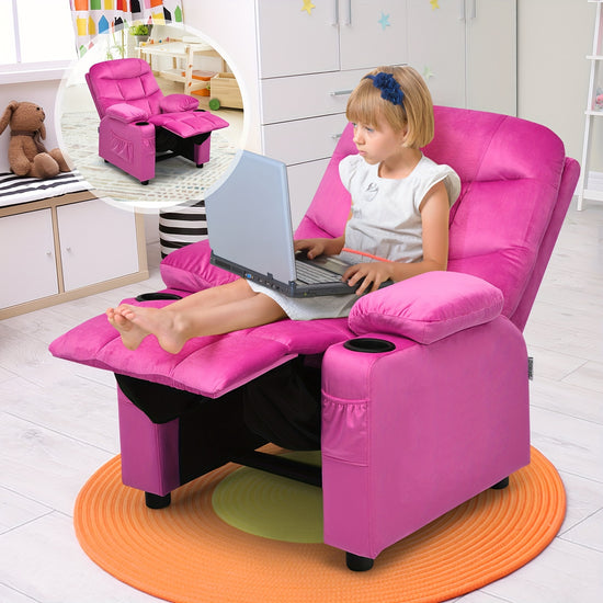 Girls Pink Velvet Recliner Chair with Cup Holder  Storage Pocket  HeavyDuty 300lb Capacity Ergonomic Backrest  Armrests Manual Recliner with Safety Belt  Modern Soft Cushioned Lounge Chair for Kids  Teens Easy Assembly Ideal for Bedroom Living