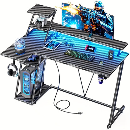 47 Inch Gaming Desk With LED Lights  Power Outlet L Shaped Computer Desk With Storage Shelves Gamer Workstations With Monitor Stand For Bedroom Carbon Fiber Black