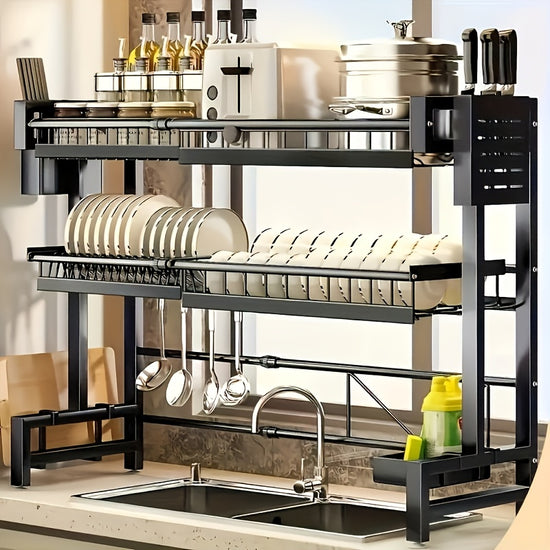 1pc Countertop Dish Rack  Drain Tray Extendable Kitchen Sink Shelf Dish Holder  Drain Rack Black Kitchen Storage Rack