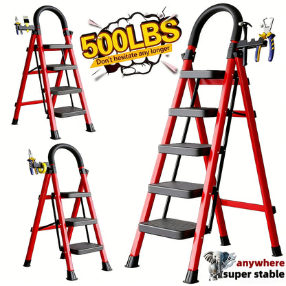 500lbs Loadbearing Folding Ladder  Heavyduty Steel Step Stool with Antislip Wide Treads Handrails Safety Lock Design Black and Red Color Scheme Portable Multifunctional Ladder for Home and Kitchen UseXPHYN