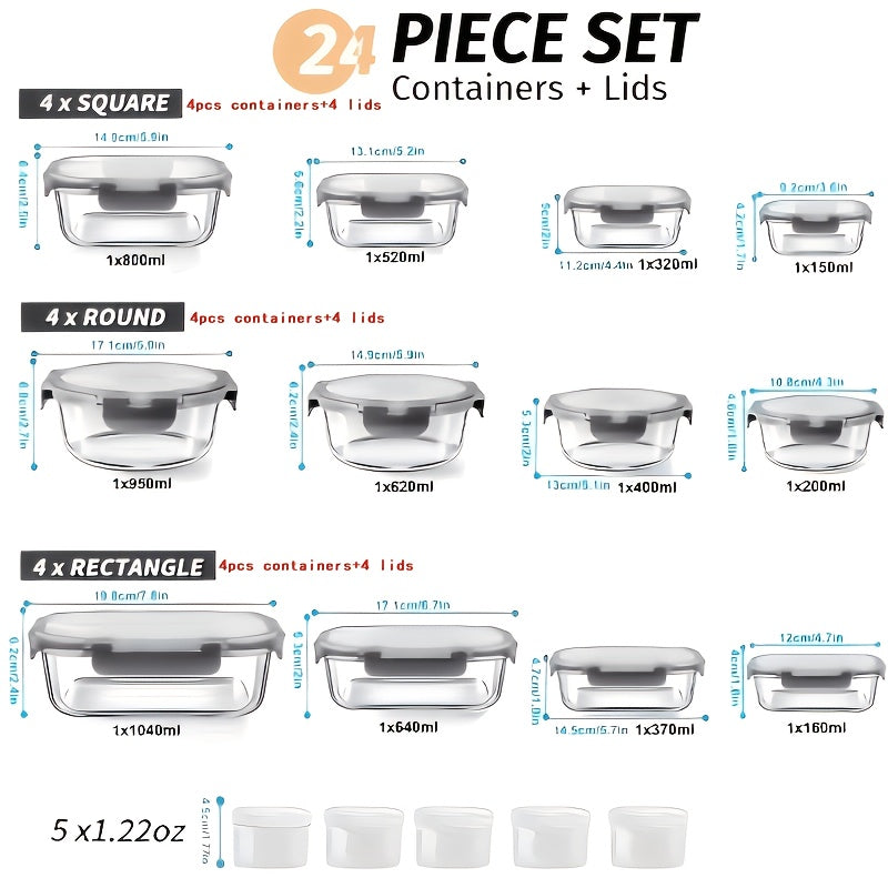 24pcs12 containers12 lidsGlass Food Containers with Lids Meal Prep Food Storage Kitchen Lunch Containers Leakproof Sealed Glass Lunch Bento Boxes Suitable for Microwave Oven Refrigerator And Dishwasher Grey