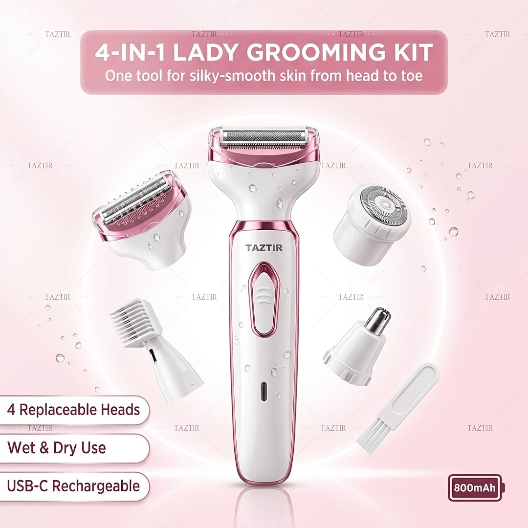 Electric Razor for Women 4in1 Rechargeable Grooming Kit  Limited Luxury Set  Ultimate Shaving Care Gift Lady Electric Shaver for Face Nose Legs And Underarm Bikini Trimmer for Women Wet  Dry Painless Hair Razor Rechargeable  Portable