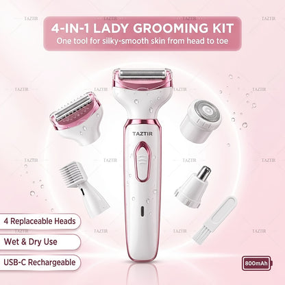 Electric Razor for Women 4in1 Rechargeable Grooming Kit  Limited Luxury Set  Ultimate Shaving Care Gift Lady Electric Shaver for Face Nose Legs And Underarm Bikini Trimmer for Women Wet  Dry Painless Hair Razor Rechargeable  Portable