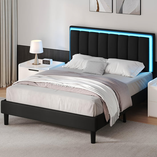 Twin Full Queen Size Bed Frame With LED Lights Upholstered Bed Frame Queen Size With Headboard  Footboard Heavy Duty Wood And Metal Slats Support NoiseFree No Box Spring Needed Queen Bed Easy Assembly Black White Pink