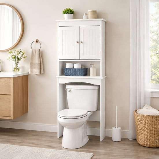 Modern OvertheToilet Storage Cabinet Freestanding Bathroom Organizer with Double Doors Open Shelf And Clean White Finish