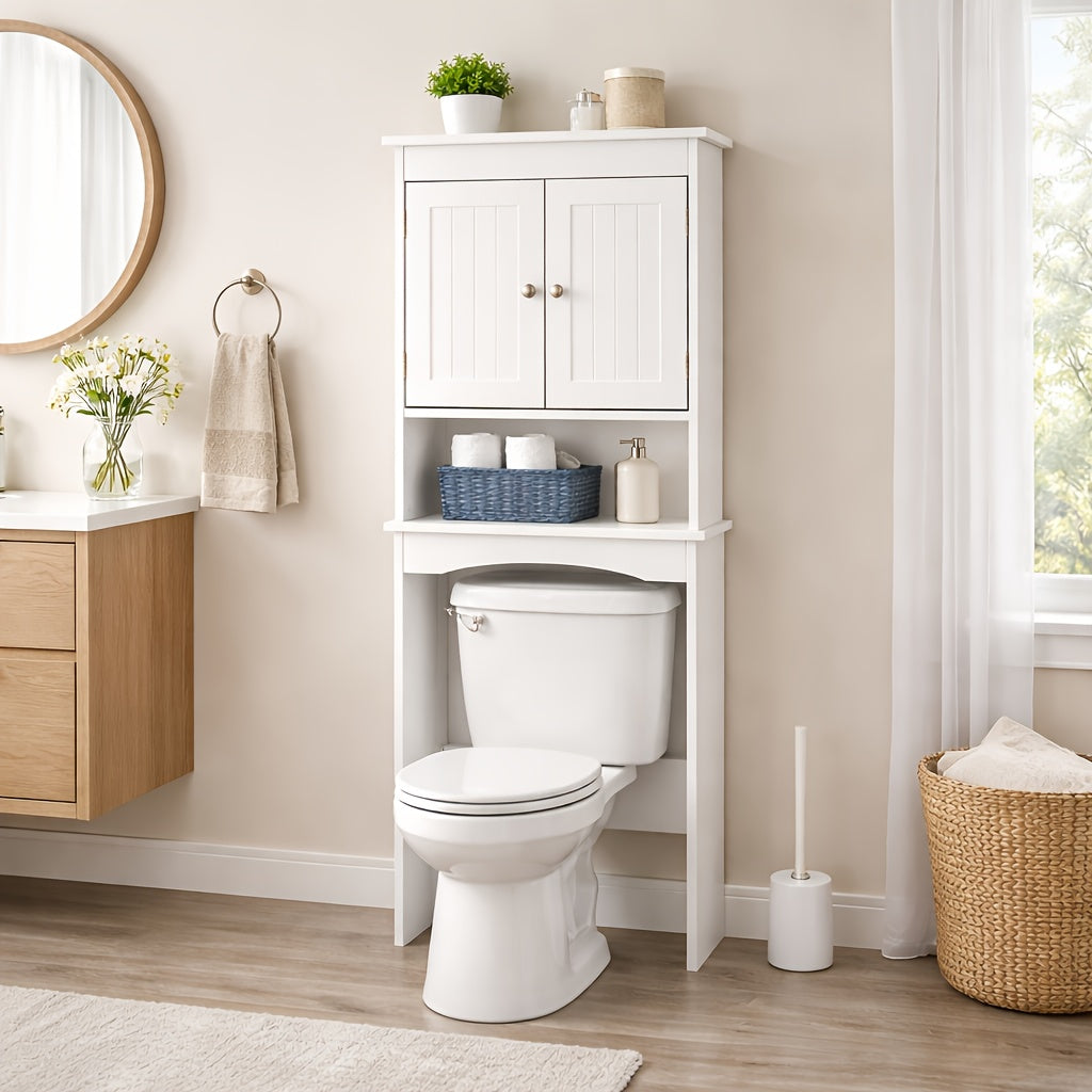 Modern OvertheToilet Storage Cabinet Freestanding Bathroom Organizer with Double Doors Open Shelf And Clean White Finish