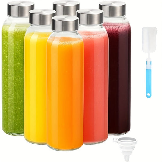 6 Pack 18oz Glass Water Bottles with Lids  Reusable Glass Juicing Bottles with Stainless Steel Caps 100 Leak Proof Juice Containers for Refrigerator Smoothies Beverages Includes Cleaning Brush  Funnel BPA Free