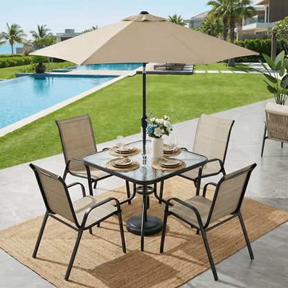 5pcs Patio Dining Set  Square Glass Outdoor Table with 4 Stackable Metal Frame Chairs WeatherResistant Garden Furniture for Backyard Balcony Porch Poolside And Lawn