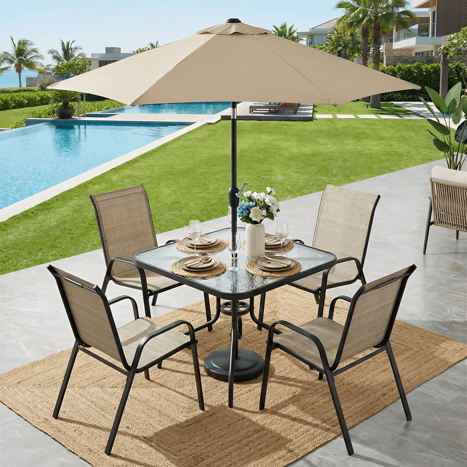 5pcs Patio Dining Set  Square Glass Outdoor Table with 4 Stackable Metal Frame Chairs WeatherResistant Garden Furniture for Backyard Balcony Porch Poolside And Lawn