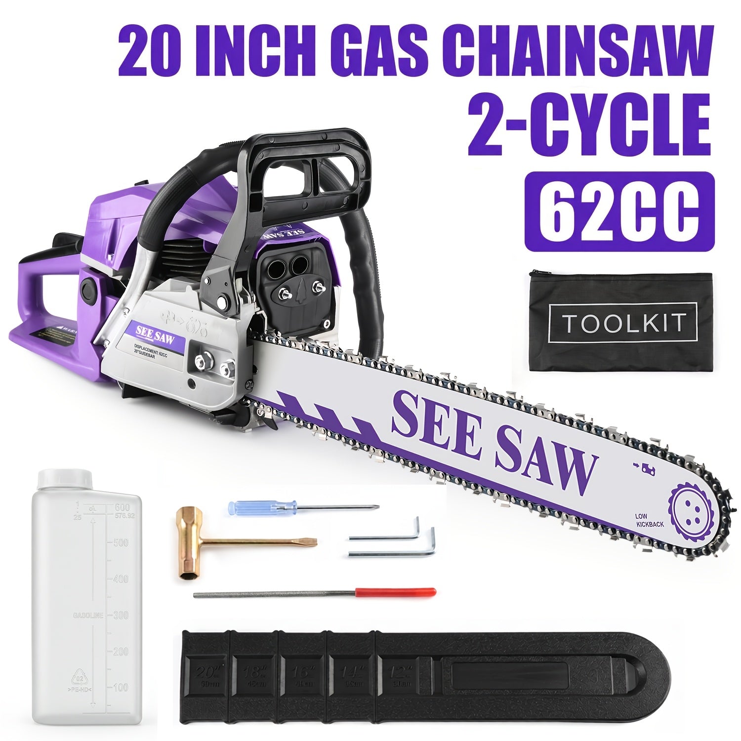 62CC 20 Inch Gas Chainsaw Powerful 2Stroke Engine with AntiVibration Handle Complete Additions High Efficiency Wood Cutting Saw Low Noise Safe Operation for Logging Farm Work Perfect Gift Choice