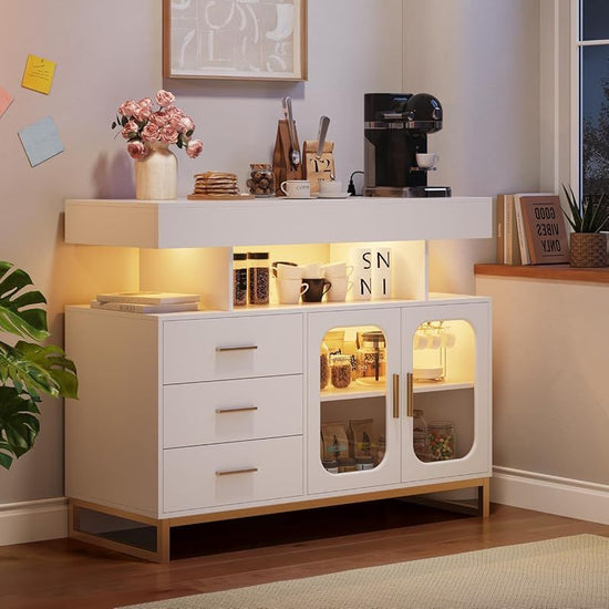 Modern White Freestanding Buffet Cabinet  Coffee Bar Table with Storage  3Drawer  2Door Cabinet Suitable for Dining Room Kitchen Living Room SpaceSaving Assembly NonWood Material Compact Contemporary Furniture