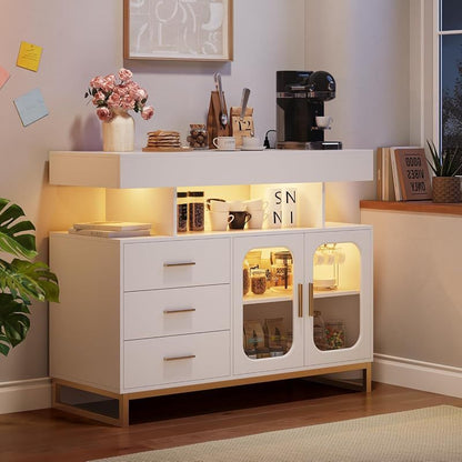 Modern White Freestanding Buffet Cabinet  Coffee Bar Table with Storage  3Drawer  2Door Cabinet Suitable for Dining Room Kitchen Living Room SpaceSaving Assembly NonWood Material Compact Contemporary Furniture
