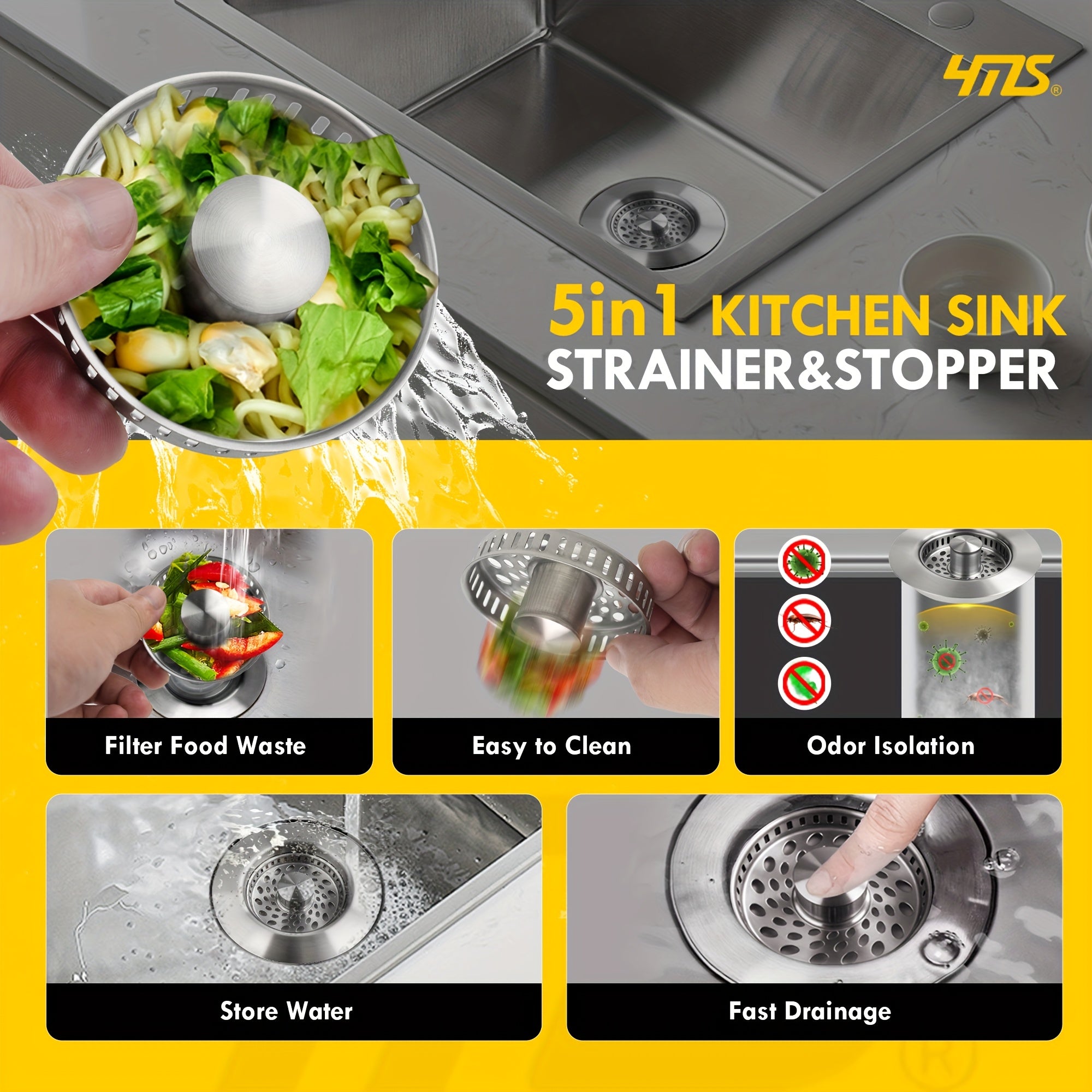 5in1 Stainless Steel Sink Aid Kitchen Sink Drain Strainer Food Catcher Popup Kitchen Sink Stopper  Odor Filter Kitchen Sink Strainer Accessories with Drain Basket