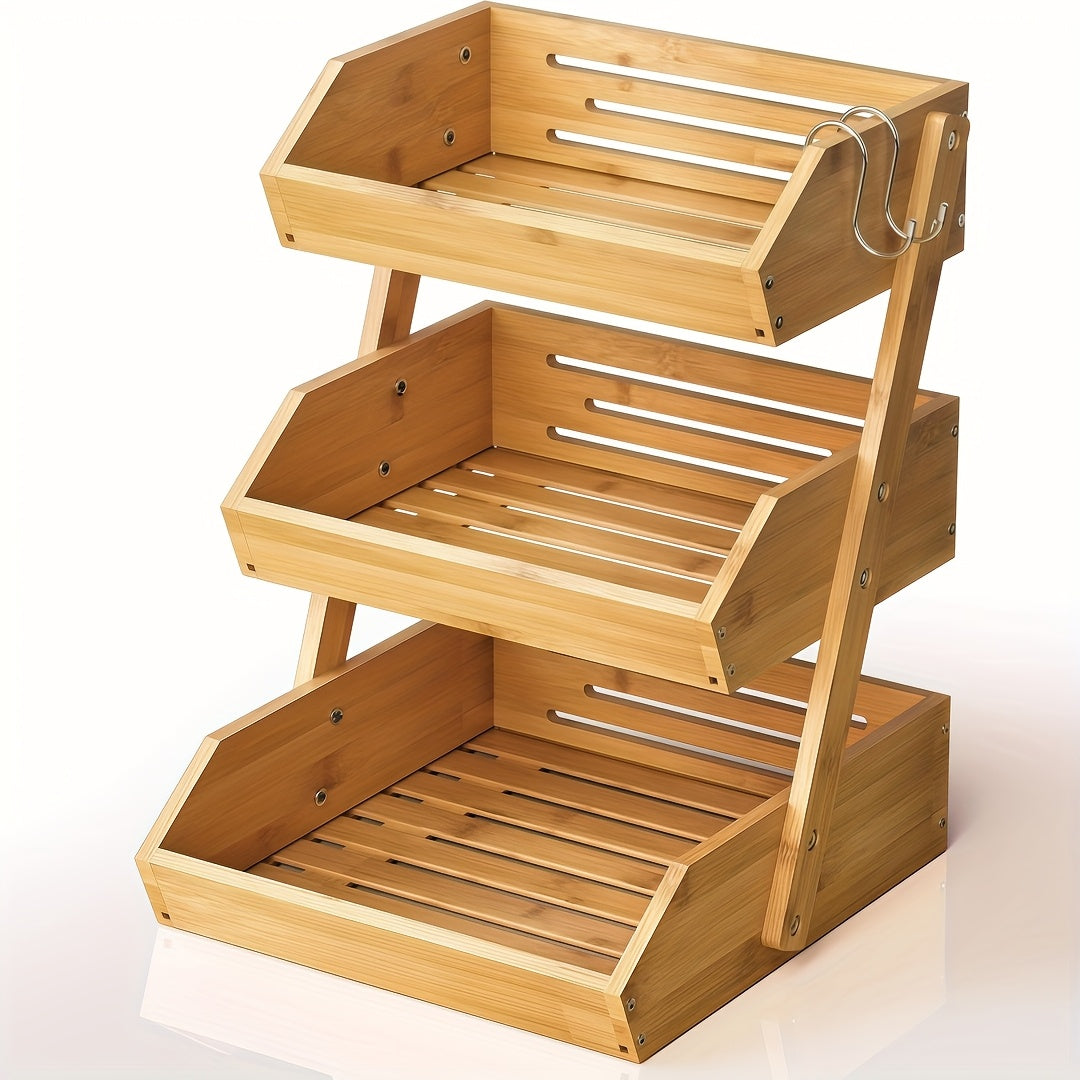 32Tier Wooden Fruit Basket Stand  Large Capacity Kitchen Organizer with Open Slat Design for Vegetables Bread  Produce  MultiLevel Countertop Storage Shelf  Easy Assembly  Natural Wood Finish