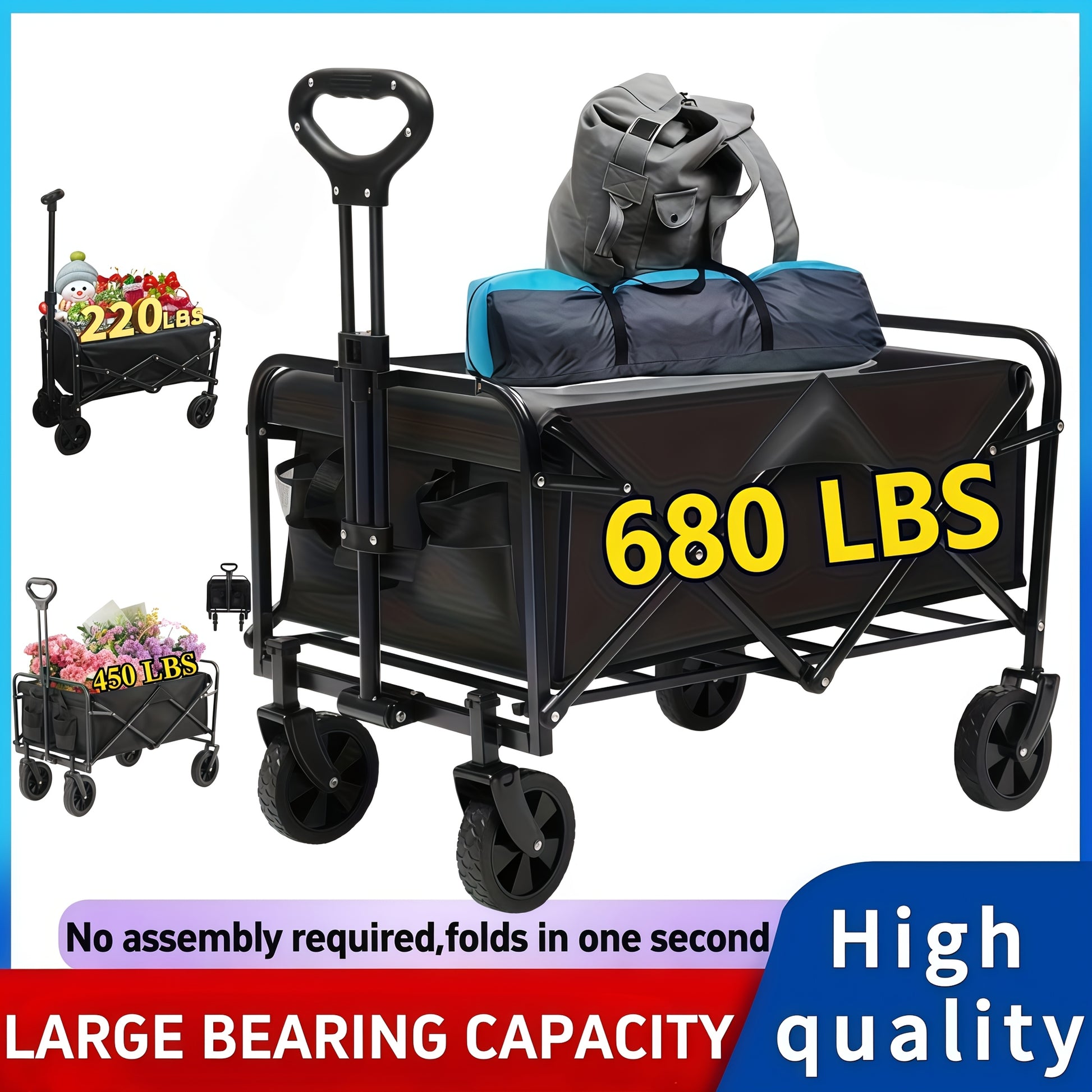 220LBS 450LBS 680LBS All Terrain Heavy Duty Folding Cart Large Capacity Camper Suitable for Yard Shopping Sports Outdoor Gardening Equipment Handling Black Multifunctional Utility Cart