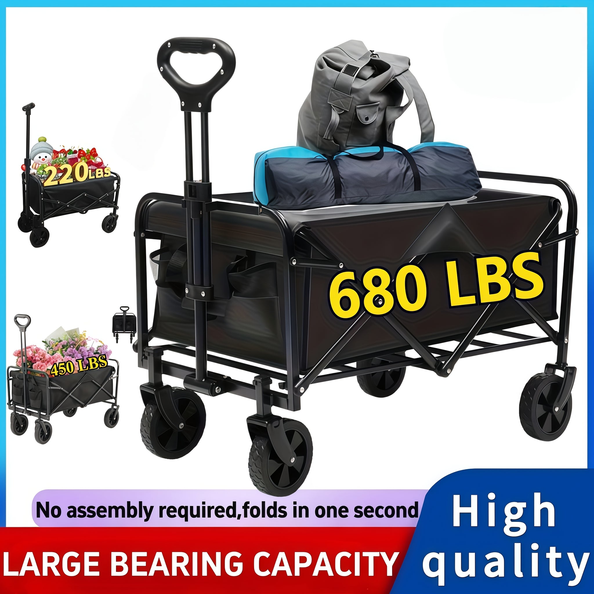 220LBS 450LBS 680LBS All Terrain Heavy Duty Folding Cart Large Capacity Camper Suitable for Yard Shopping Sports Outdoor Gardening Equipment Handling Black Multifunctional Utility Cart