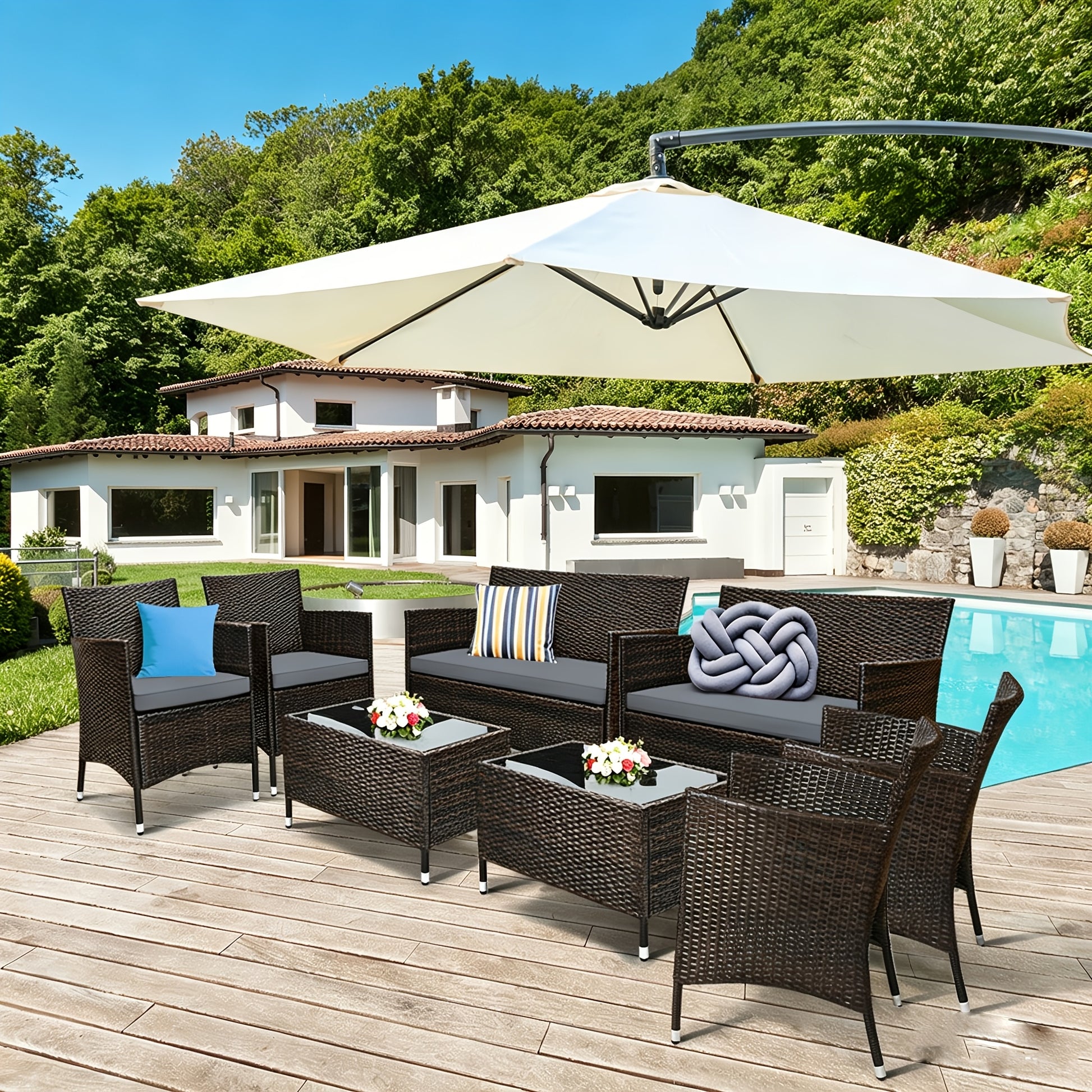 4pcs8pcs Patio Furniture Set WWashable Cushions And Tempered Glass Coffee Table