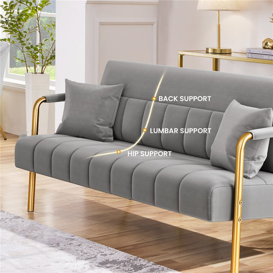 Costoffs Velvet Fabric Sofa Couch 565 W Modern Loveseat Couch with Goldtone Metal Arms Legs  2 Pillows Sofa for Living Room Bedroom Furniture