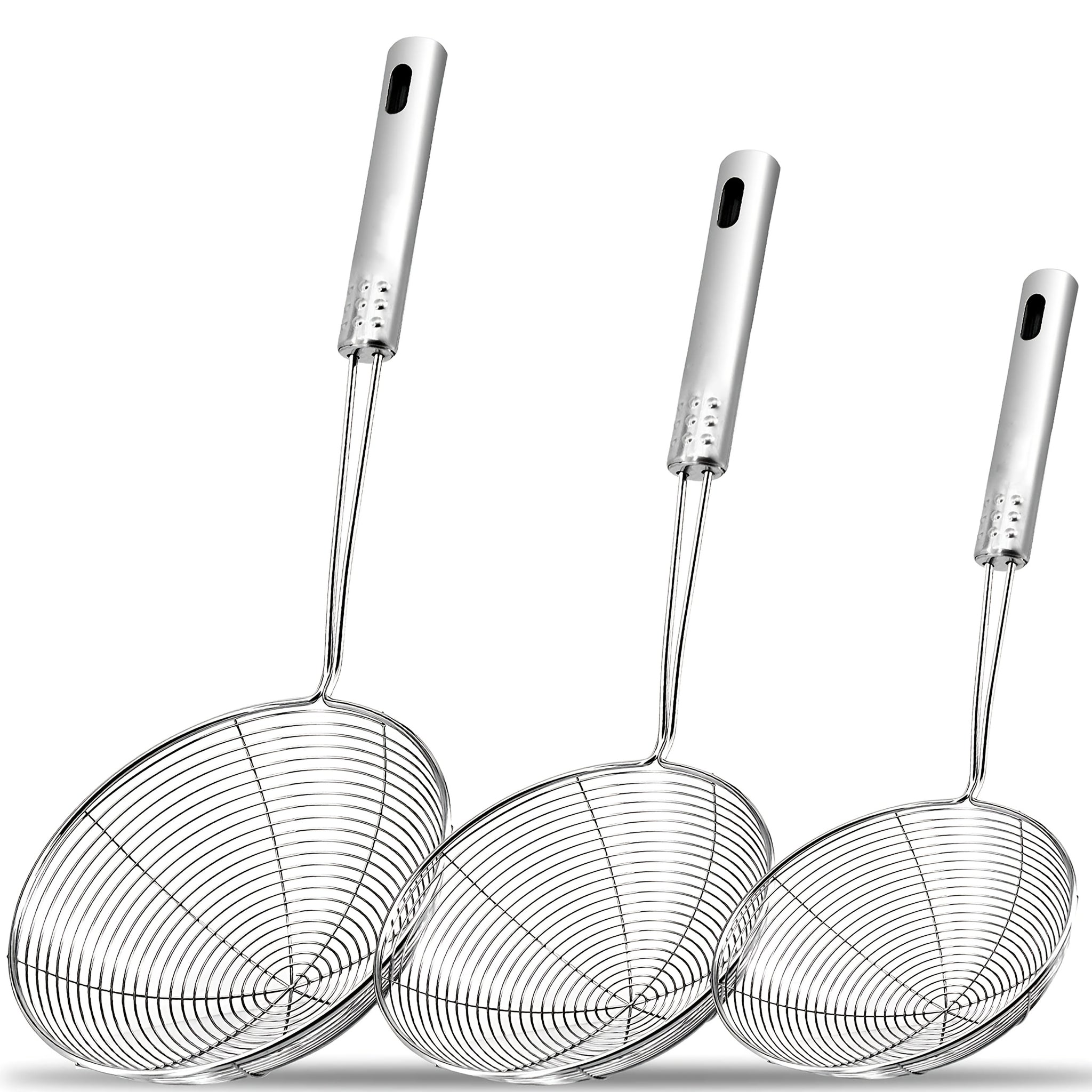 3pcs Stainless Steel Spider Strainer  HeavyDuty Long Handle And Fine Mesh  Italian Pasta Drainer Frying Pan Filter for Soup Vegetable Egg Cooking  Commercial And Home Kitchen Tool Durable EasyClean Design 560 Regions