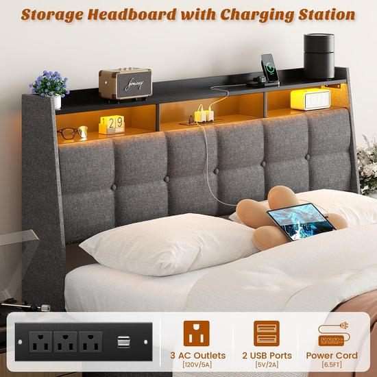 Upholstered FullQueenTwin Bed Frame with Drawers Charging Station LED Light Upholstered Bed Frame with Storage Headboard Heavy Duty Wood Slats No Box Spring Needed Noise Free Grey
