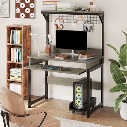 Computer Desk With Integrated Bookshelf And Keyboard Tray Home Office Desk With Hanging Mesh Board Minimalist Bedroom Storage Study Desk Equipped With A Wheeled CPU Stand