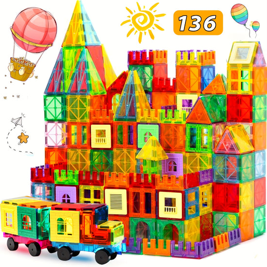 80106136pcs Magnetic Tiles for Kids Magnetic Building Blocks with 2 Cars Magnet Tiles Construction Building Toys STEM Sensory Toys Birthday Gifts Toys for Kids Boys Girls 3 4 5 6 7 8 9 Year