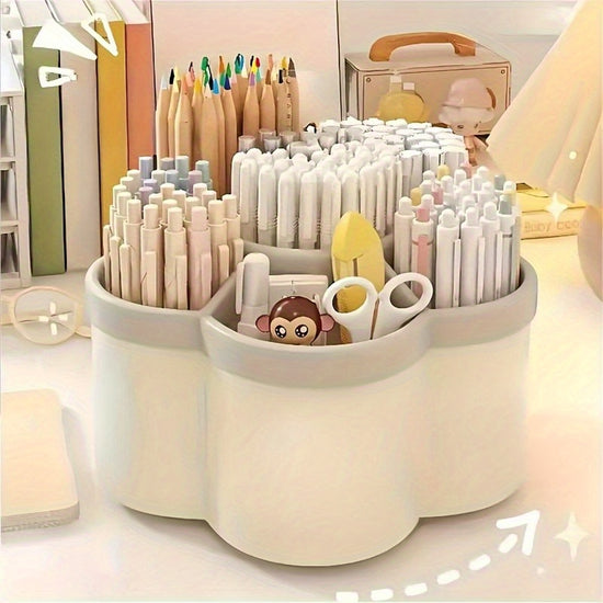 A 360Degree Rotating Desktop Organizer Featuring Six Compartments Designed for Storing Office Supplies Makeup Brushes And Pens This Storage Rack Is Ideal for Cosmetics Stationery And Tools