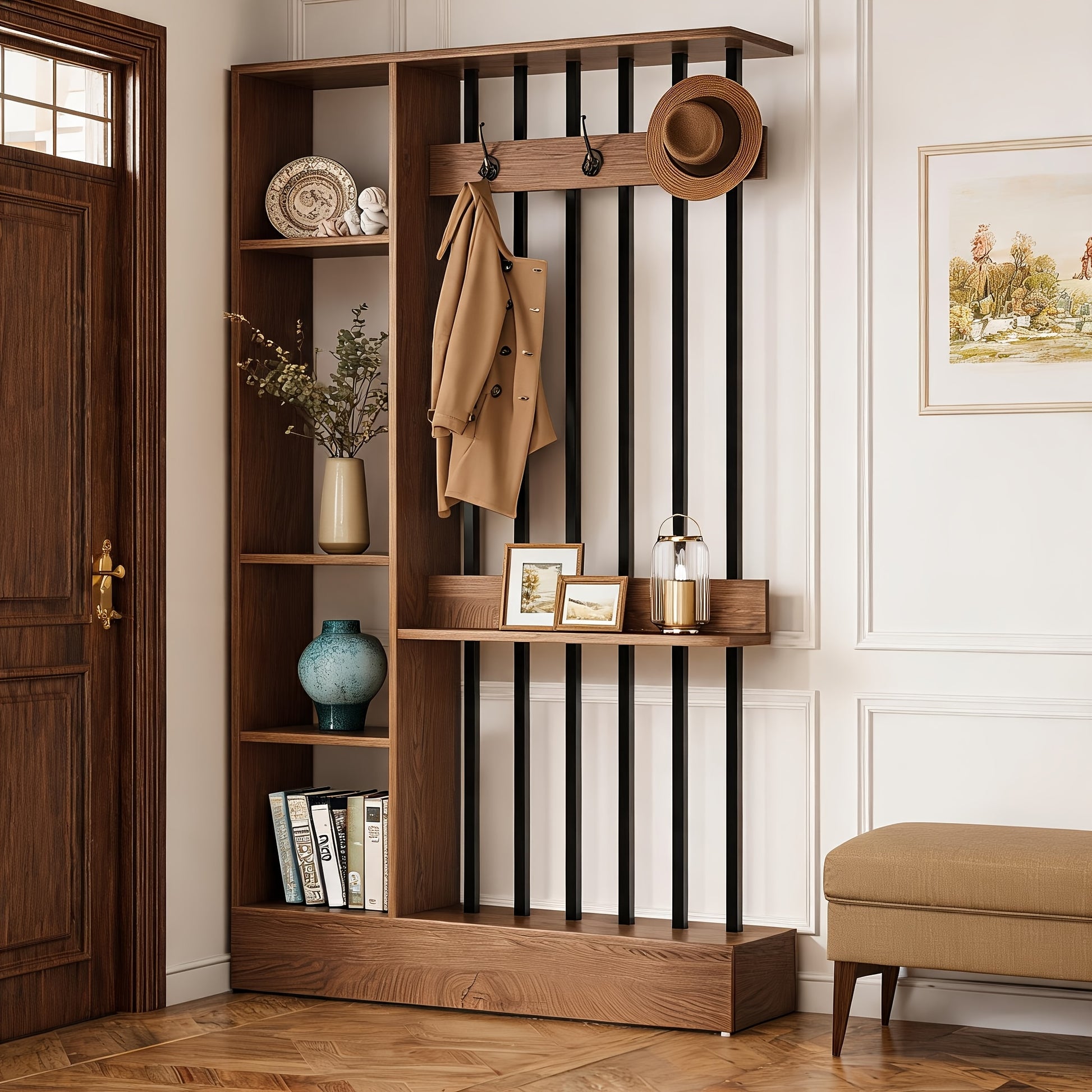 71 Wood Freestanding Room Divider Wall Partition Bookcase with Shelves  Coat Hooks Modern Decorative Screen for Home  Office Brown