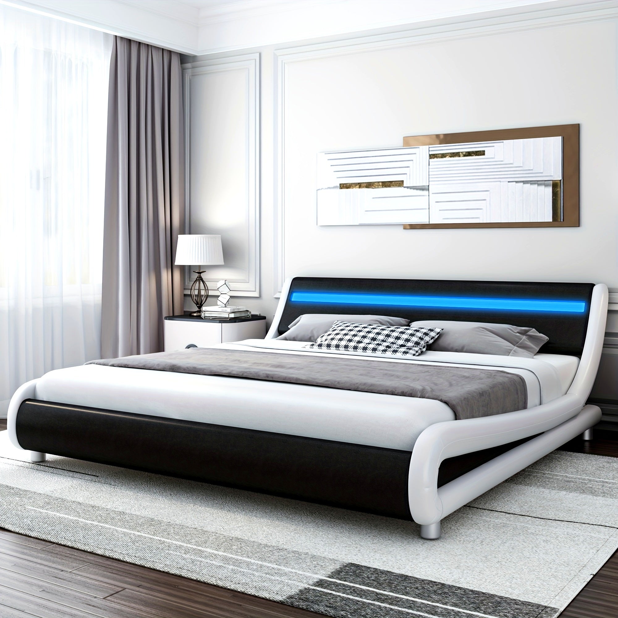 Modern Upholstered LED Bed Frame with Adjustable Headboard  Faux Leather Wave Bed  Metal Platform Bed Frame No Box Spring Needed Easy Assembly Contemporary Bed for Small Spaces Suitable for Modern Bedrooms