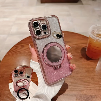 Phone Case  SilveryEdged Shiny Double Row Artificial Diamond And 6D Glitter Paper And Mirror Magnetic And Black Heart for Iphone 16 15 14 13 12 11 Pro Max Transparent AntiFall Soft Protective Phone Case