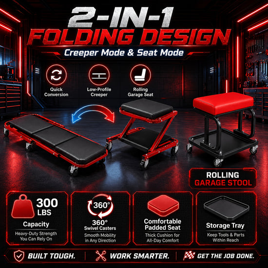MechanicS Stool with Tool Tray 300Lb HeavyDuty Wheeled Work Seat Padded Cushion Design for Garage And Automotive Repair Workshops 2In1 HeavyDuty Automotive Creeper 300Lb Padded Rolling Seat with Swivel Casters