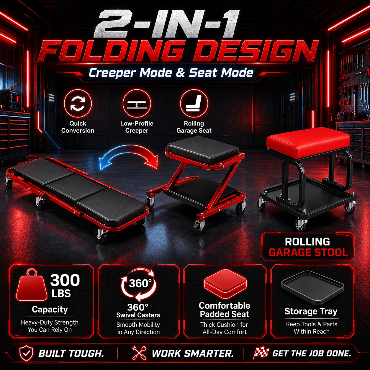 MechanicS Stool with Tool Tray 300Lb HeavyDuty Wheeled Work Seat Padded Cushion Design for Garage And Automotive Repair Workshops 2In1 HeavyDuty Automotive Creeper 300Lb Padded Rolling Seat with Swivel Casters