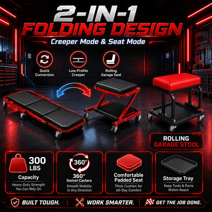 MechanicS Stool with Tool Tray 300Lb HeavyDuty Wheeled Work Seat Padded Cushion Design for Garage And Automotive Repair Workshops 2In1 HeavyDuty Automotive Creeper 300Lb Padded Rolling Seat with Swivel Casters