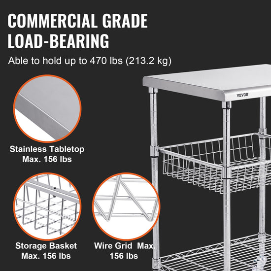 VEVOR Kitchen Utility Cart 20x24x366 3 Tiers Wire Rolling Cart 470LBS Capacity Steel Service Cart with Brake Wheels Storage Trolley with 76mm Basket PP Liner 6 Hooks for Indoor  Outdoor Use