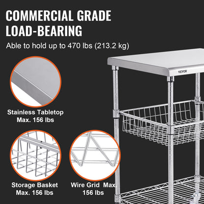 VEVOR Kitchen Utility Cart 20x24x366 3 Tiers Wire Rolling Cart 470LBS Capacity Steel Service Cart with Brake Wheels Storage Trolley with 76mm Basket PP Liner 6 Hooks for Indoor  Outdoor Use