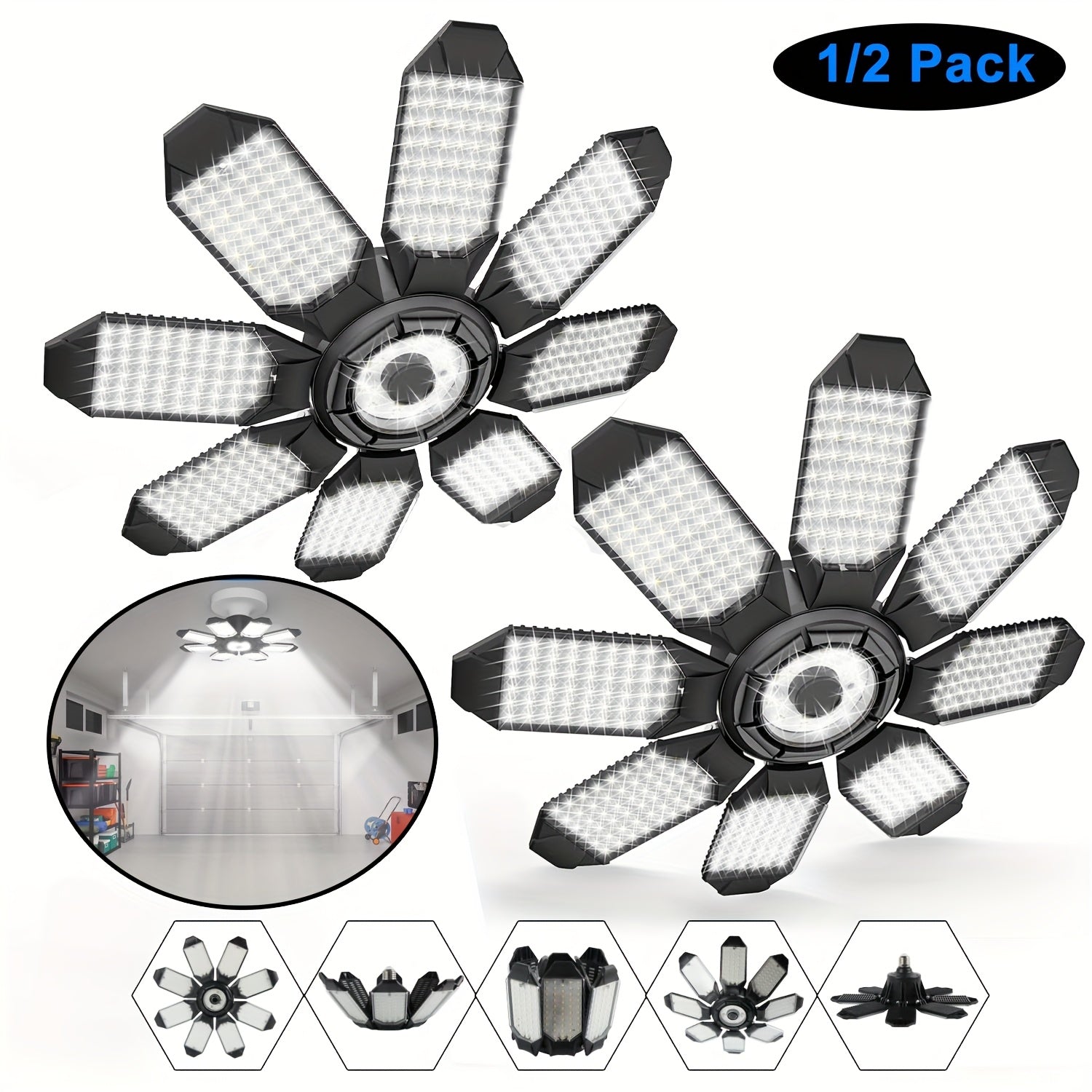 LED Garage Lights 421 Pack 25000LM Deformable Garage Light 250W Ceiling LED Shop Lights E26E27 Screw In LED Light Garage Lighting with 81 Panels Garage Bulb for Basement Attic Warehouse 8 Panel6 Panel for Choose