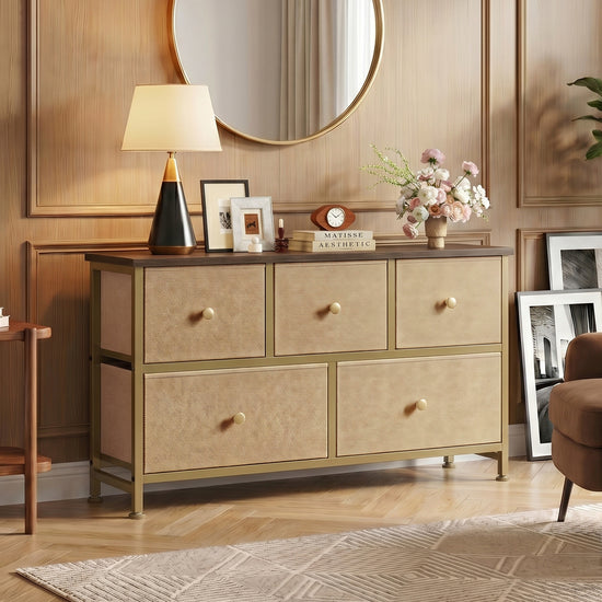 5 Drawer Dresser for Bedroom Closet Chest Organizer Furniture TV Stand for Living Room Hallway Wide Fabric Storage Tower with Wooden Top and Metal Frame