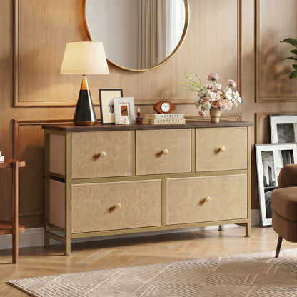 5 Drawer Dresser for Bedroom Closet Chest Organizer Furniture TV Stand for Living Room Hallway Wide Fabric Storage Tower with Wooden Top and Metal Frame