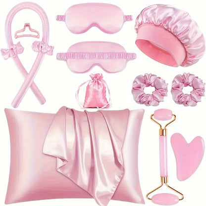 12pcs Sleep Hairstyling Tool Set Curling Iron Set Facial Massager Hairband Soft Sleep Mask And Satin Sleep Cap For Hairstyling And Light Beige Queen Set Satin Storage Bag WomenS Facial Roller