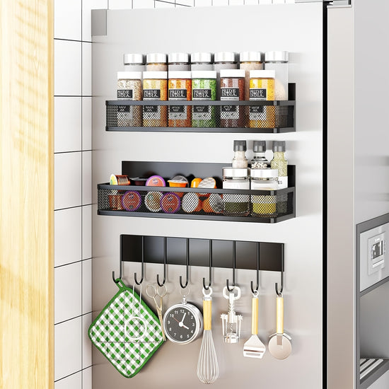 Magnetic Spice Rack For Refrigerator Magnetic Shelf Moveable Fridge Organizer With 8Hook Rack Seasoning Organizer For Kitchen