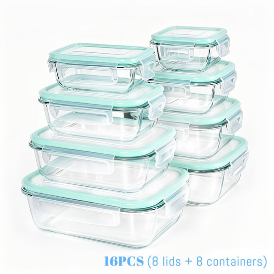 16pcs 8 Lids8 Containers Sealed Glass Food Storage Containers Lunch Boxes Microwave Ovens Ovens  Perfect for Salads Fruits Vegetables And Sandwiches Lunch Boxes  Sealed Storage  Durable Glass Food Storage Containers