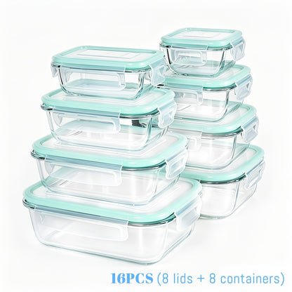 16pcs 8 Lids8 Containers Sealed Glass Food Storage Containers Lunch Boxes Microwave Ovens Ovens  Perfect for Salads Fruits Vegetables And Sandwiches Lunch Boxes  Sealed Storage  Durable Glass Food Storage Containers