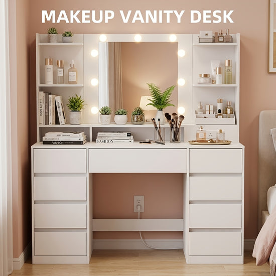 Lighted Vanity Desk with Mirror And 9 LED Bulbs Dressing Table with 9 Drawers And Built In Power Outlets Elegant Makeup Station for Bedroom